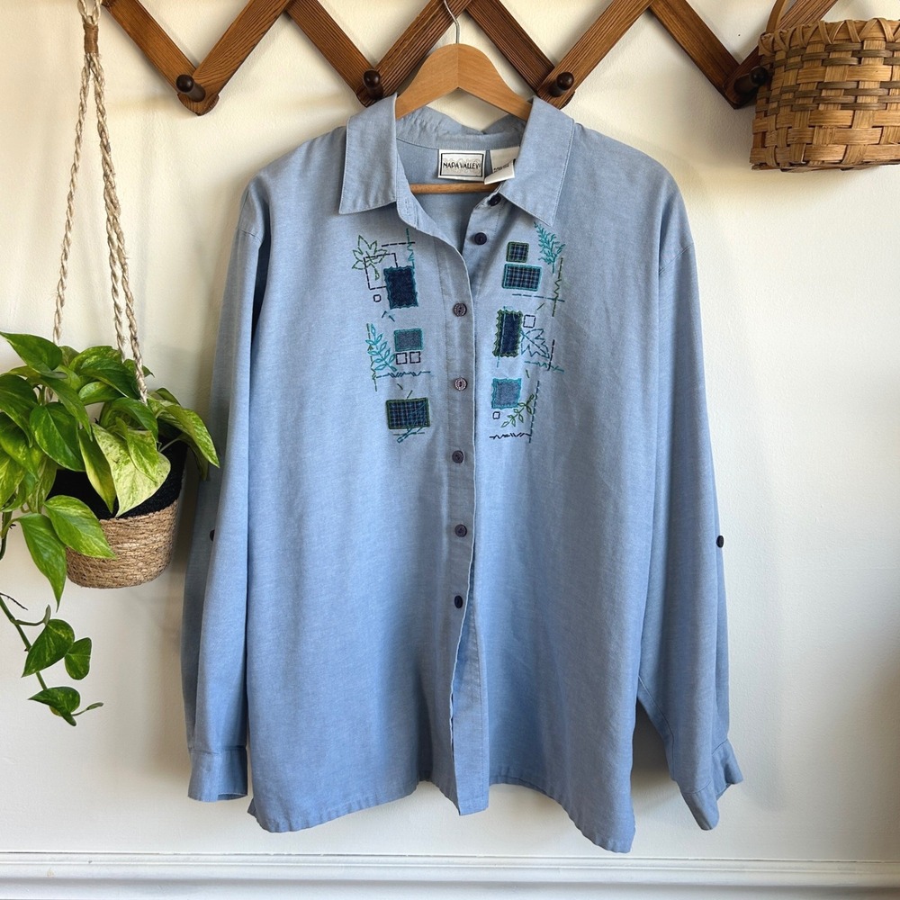 Vintage Napa Valley Blue Embroidered Patchwork Button Up Shirt XL Grandmacore